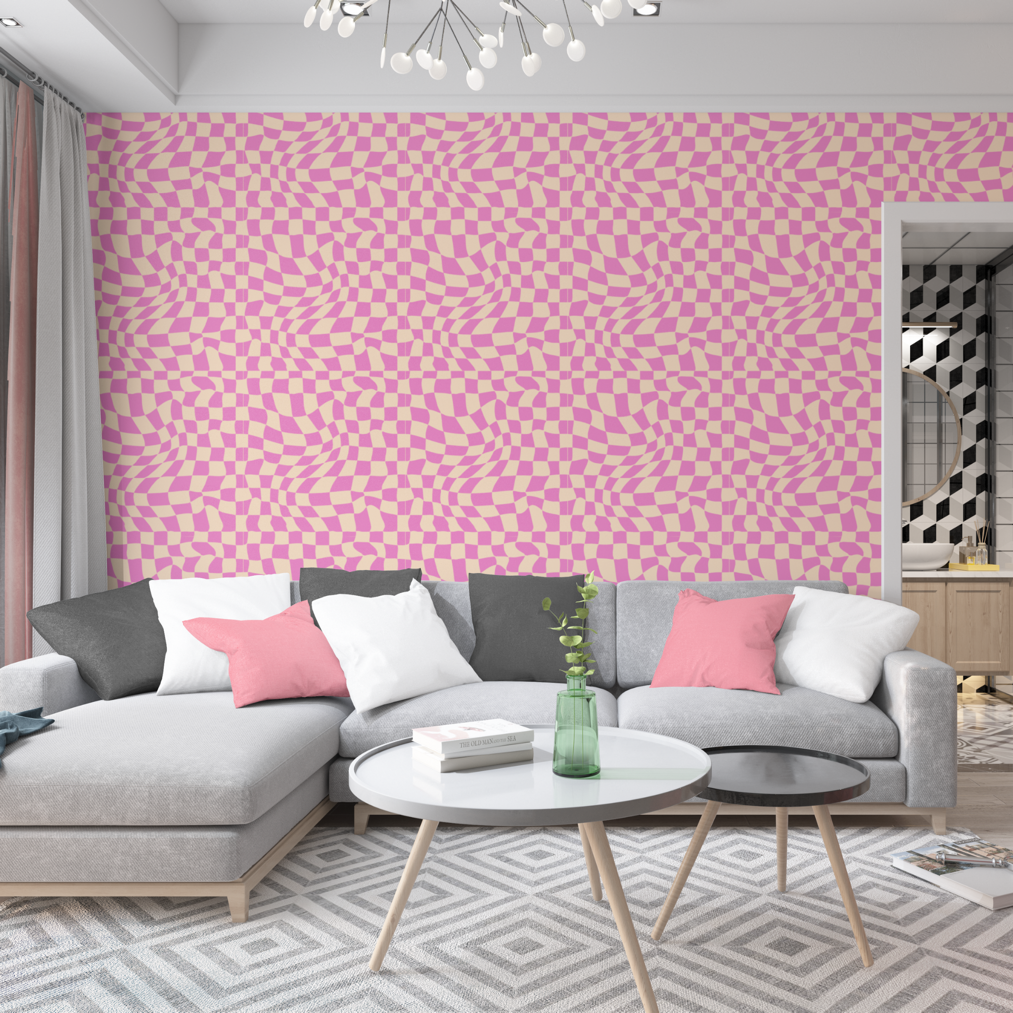 Pink Wavy Checker Wallpaper pattern. Peel and Stick wallpaper renter friendly, removable.